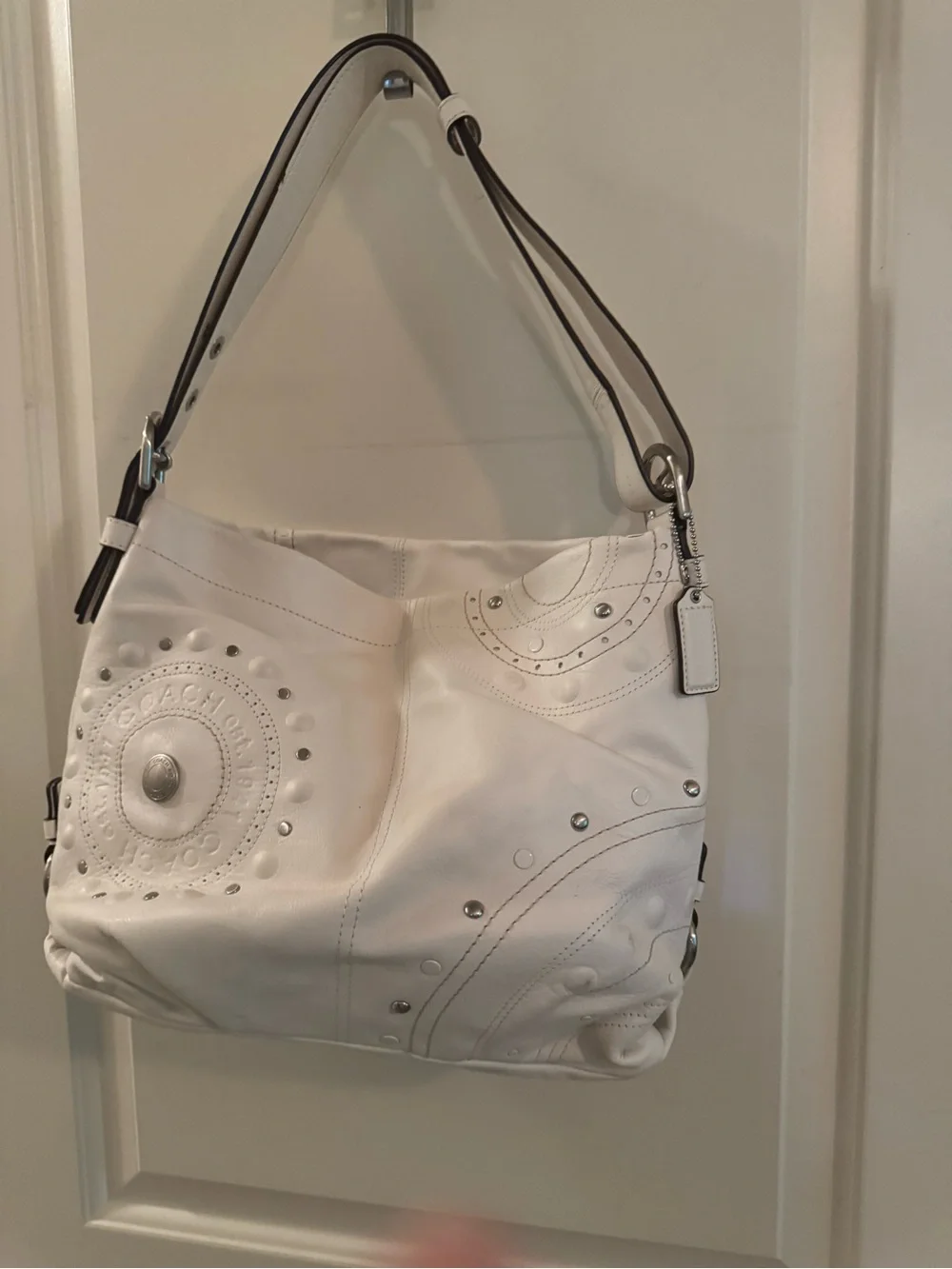 Coach White Leather Studded Hobo Bag with Contrast Trim - Picture 1 of 2